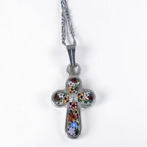 Vintage Italian Micromosaic Millefiori Cross Pendant Sterling Silver Chain